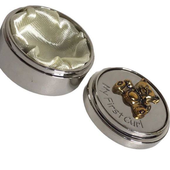 Godinger StainlessSteel Trinket TeddyBear Embossed Baby First Curl Round Box NEW - Picture 3 of 10